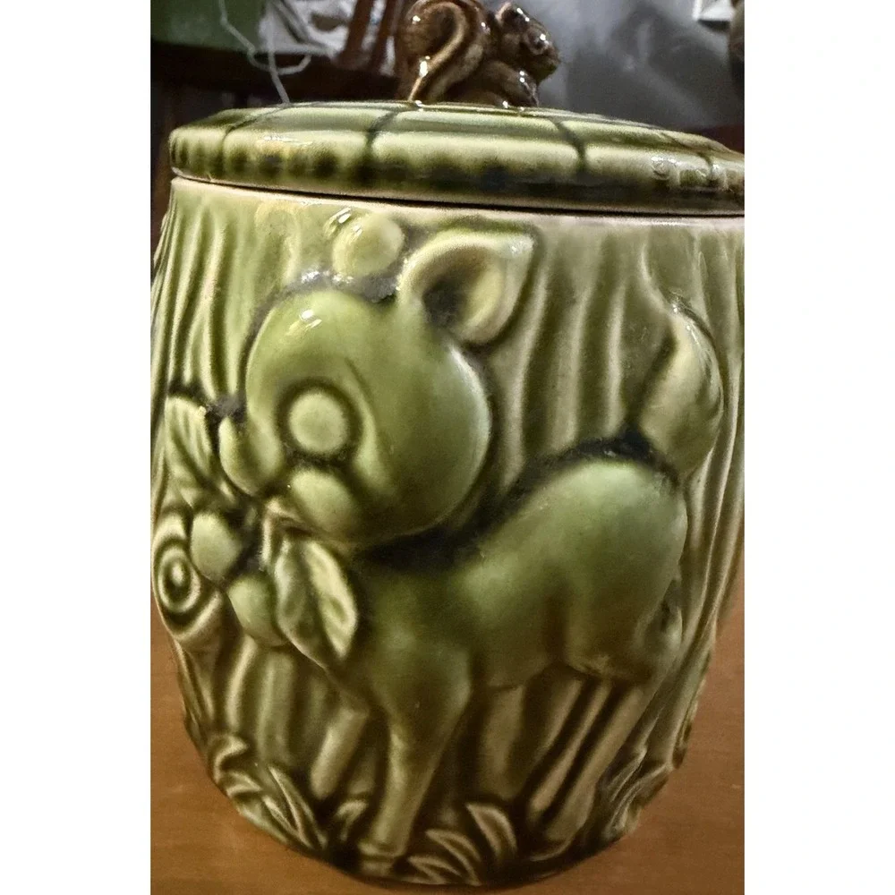 Woodland Deer Cookie Jar Ceramic Green Glaze Squirrel Lid Forest Canister Vtg